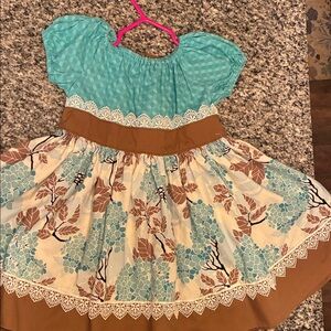 Floral Blue and Brown Dress with Lace Trim